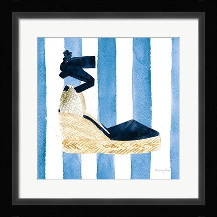 Framed Beach Glam VI Navy on Stripes Print