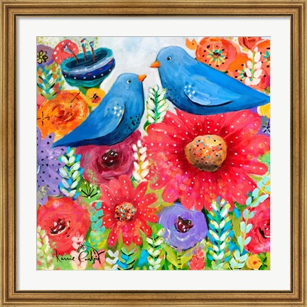 Framed Blue Bird Bouquet Print