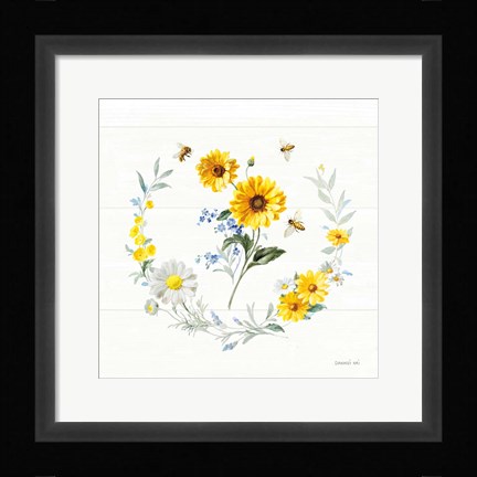 Framed Bees and Blooms Flowers V with Wreath Print