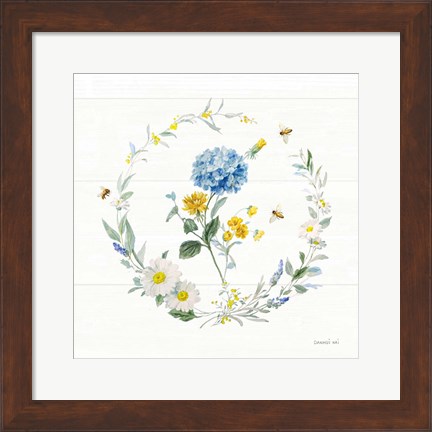 Framed Bees and Blooms Flowers III with Wreath Print