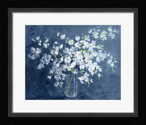 Framed Fresh White Bouquet Dark Blue Print