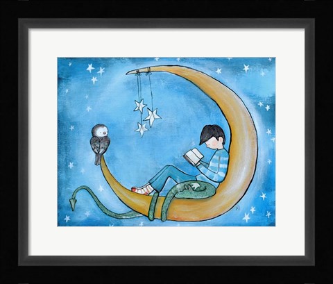 Framed Boy Reading On Moon Print