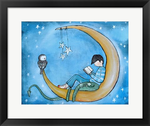 Framed Boy Reading On Moon Print