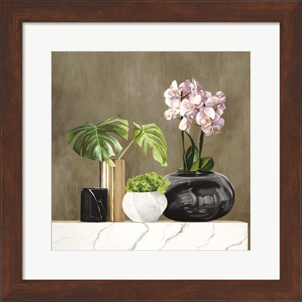 Framed Floral Setting on White Marble II Print
