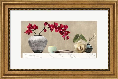 Framed Red Orchids on White Marble Print