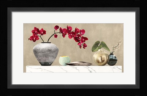 Framed Red Orchids on White Marble Print