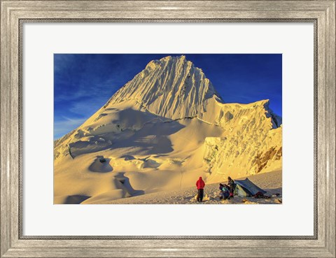 Framed Mountaineers Camping on Alpamayo Mountain at Sunrise, Peru Print