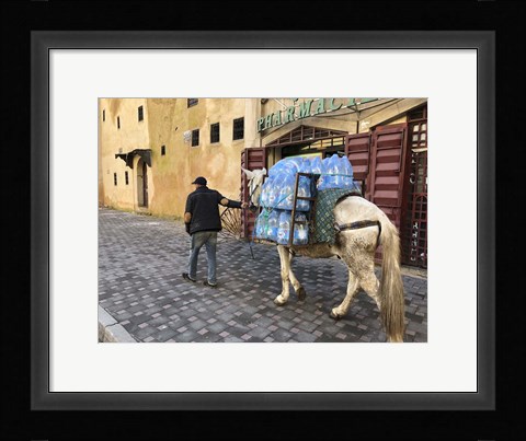 Framed Mule Carrying Water, Through the Medina in Fes, Morocco, Africa Print
