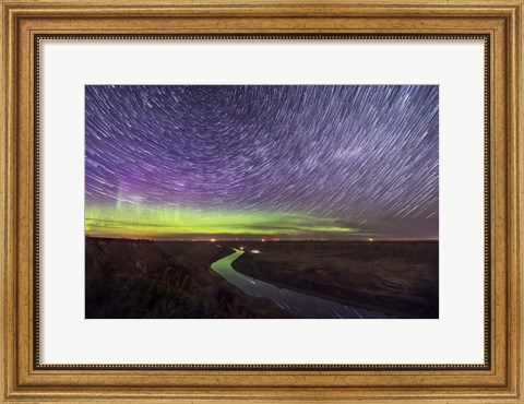 Framed Circumpolar Star Trails and Aurora Over the Red Deer River, Alberta Print