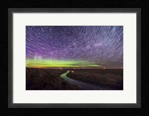 Framed Circumpolar Star Trails and Aurora Over the Red Deer River, Alberta Print