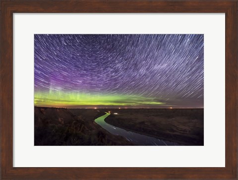Framed Circumpolar Star Trails and Aurora Over the Red Deer River, Alberta Print