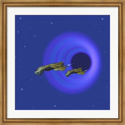 Framed Two Spacecraft Come Through a Wormhole in Space Print