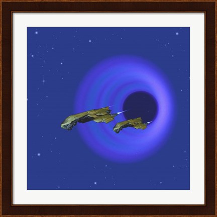 Framed Two Spacecraft Come Through a Wormhole in Space Print