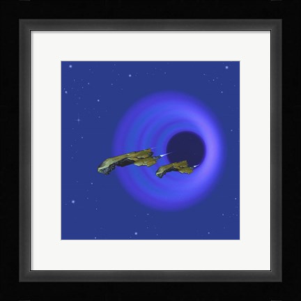 Framed Two Spacecraft Come Through a Wormhole in Space Print