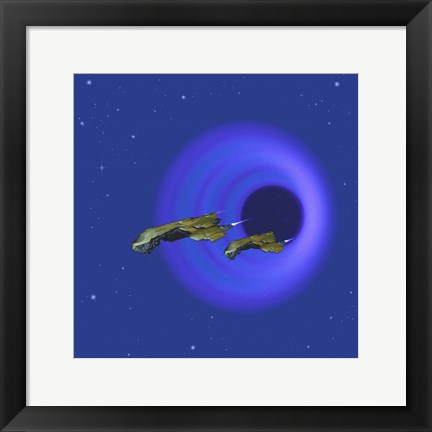 Framed Two Spacecraft Come Through a Wormhole in Space Print