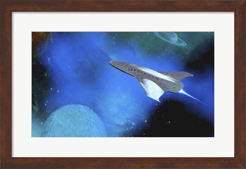 Framed Spaceship Voyages To the Outer Solar System Between Saturn and One of Its Moons Print