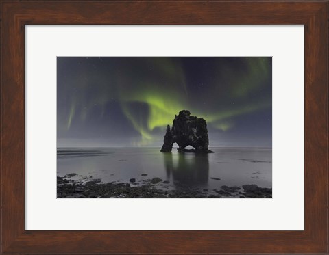 Framed Northern Lights Over Hvitserkur, a Spectacular Rock Formation in Iceland Print
