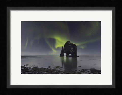 Framed Northern Lights Over Hvitserkur, a Spectacular Rock Formation in Iceland Print