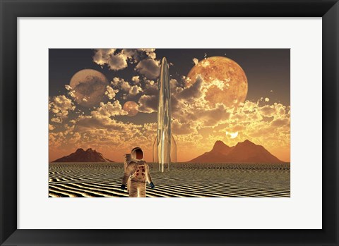 Framed Astronaut Using a Rocketship To Travel To Different Alien Planets Print