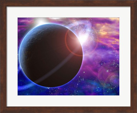 Framed Planet and Cosmos Rising Sun in Vivid Space Print