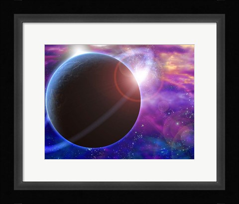Framed Planet and Cosmos Rising Sun in Vivid Space Print