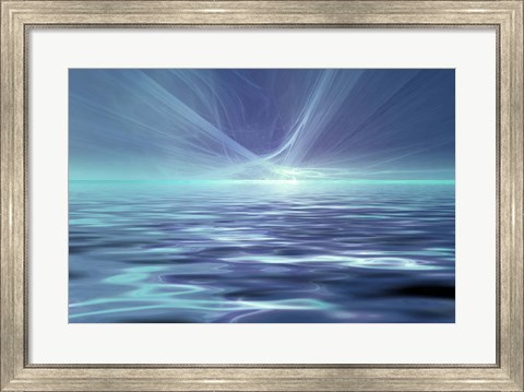 Framed Fantastic Glowing Light Or Solar Wind Over Water Surface Print