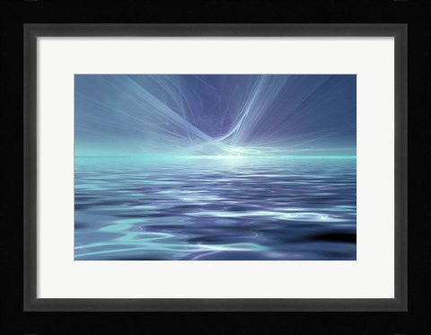 Framed Fantastic Glowing Light Or Solar Wind Over Water Surface Print