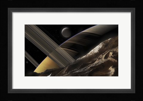 Framed Passing Comet Makes a Close Flypast of Saturn and Two of Its Moons Print