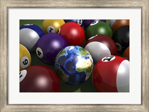 Framed Pool Table With Balls and One of Them As Planet Earth Print