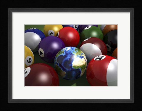 Framed Pool Table With Balls and One of Them As Planet Earth Print