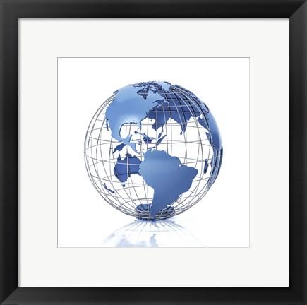 Framed 3D Stylized Earth Globe With Metal Grid, Americas View Print