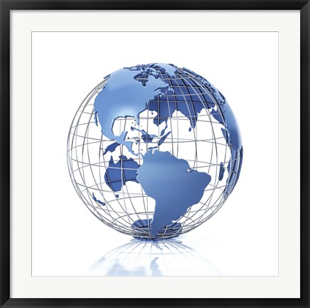 Framed 3D Stylized Earth Globe With Metal Grid, Americas View Print