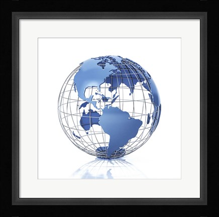 Framed 3D Stylized Earth Globe With Metal Grid, Americas View Print