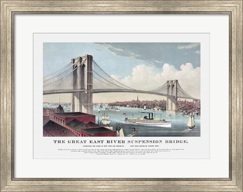 Framed Currier &amp; Ives illustration of the Brooklyn Bridge after completion in 1883 Print