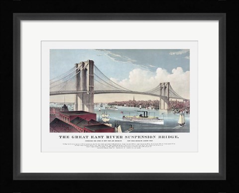 Framed Currier &amp; Ives illustration of the Brooklyn Bridge after completion in 1883 Print