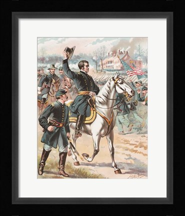 Framed General Joseph Hooker riding on a horse and waving at his troops Print