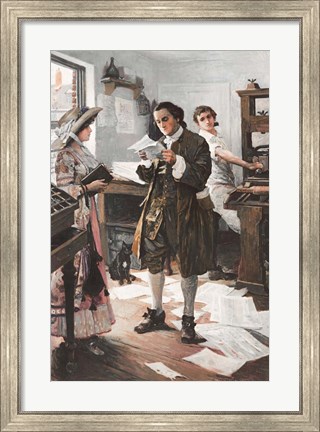 Framed Benjamin Franklin in his Philadephia printing Shop Print
