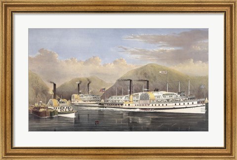 Framed American Steamboats on the Hudson River passing the Highlands, 1874 Print