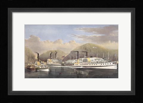 Framed American Steamboats on the Hudson River passing the Highlands, 1874 Print