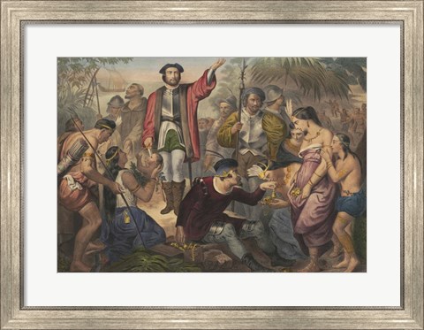 Framed Christopher Columbus among Indians in the New World Print
