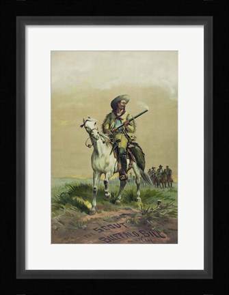 Framed Buffalo Bill on horseback, holding Smoking Rifle Print