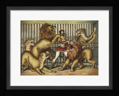 Framed Lion Tamer in Cage with Lions and Tigers Print