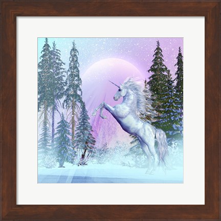 Framed Unicorn Rearing Up in a Mythical Forest Print