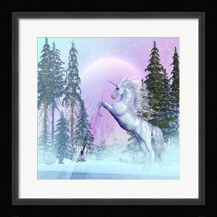Framed Unicorn Rearing Up in a Mythical Forest Print