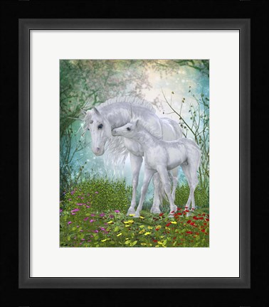 Framed Unicorn Foal with Mother  in a Magical Forest Print