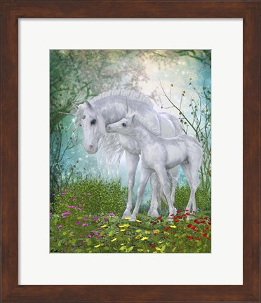 Framed Unicorn Foal with Mother  in a Magical Forest Print