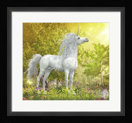 Framed White Unicorn Stallion Stands in a Meadow Full of Flowers Print