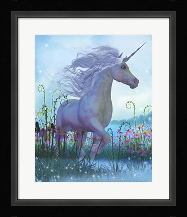 Framed White Unicorn Stallion in a Garden Full of Flowers and Plants Print