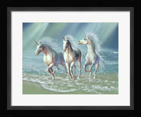 Framed Herd of Unicorns Gallop Through the Waves Print