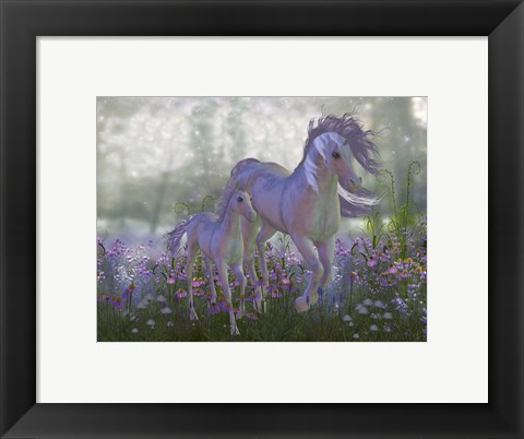 Framed Adult and Baby Unicorn in a Field of Flowers Print